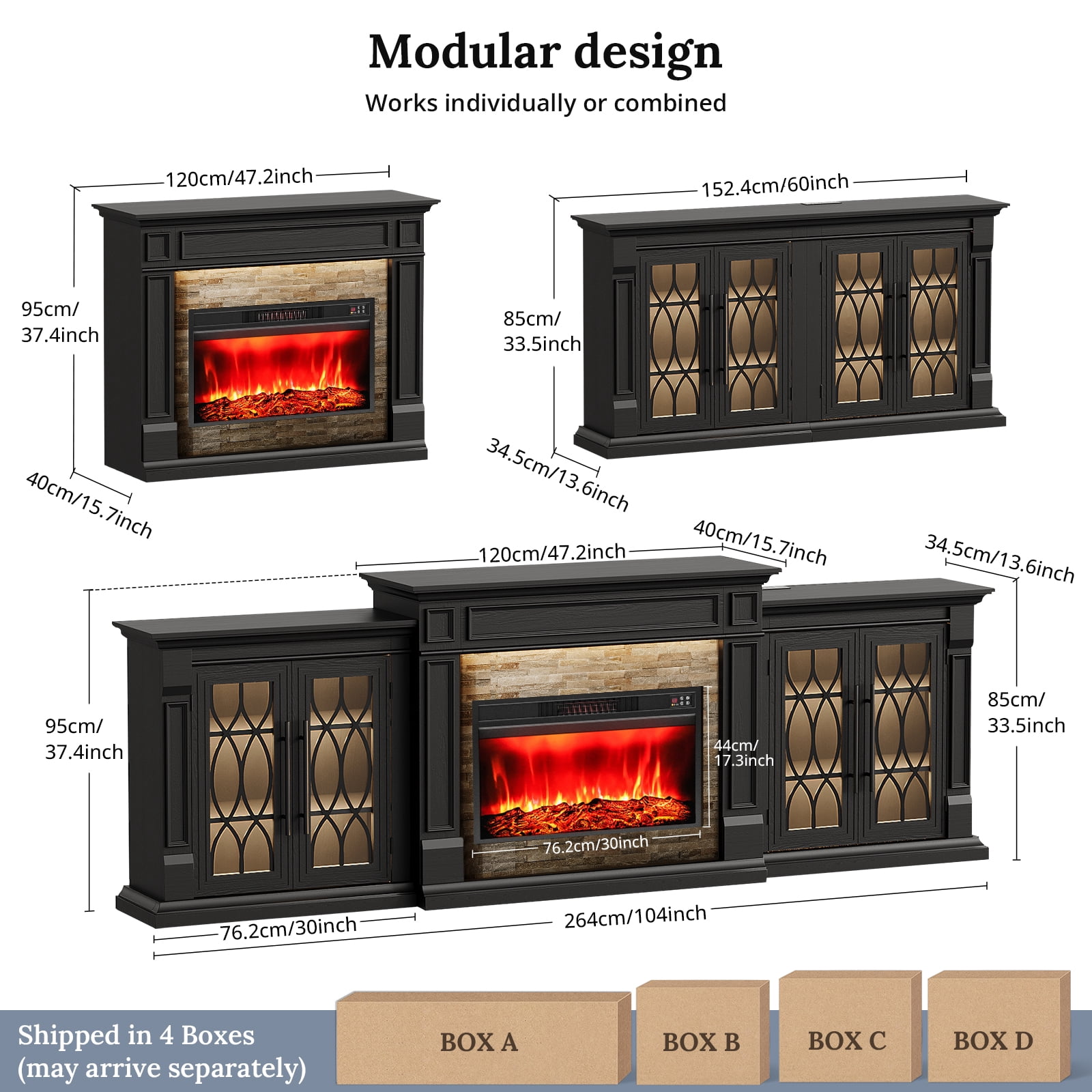 Holliwill 104" Fireplace TV Stand with 30" Electric Heater & LED Lights & Power Outlets, Modern Farmhouse Entertainment Center with Storage Cabinet for Living Room, Large Fireplace with Mantel, Black