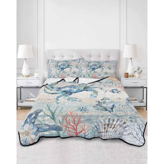 Quilts Queen Size, Coastal Crab Soft Comforter Bedding Set for Bed, Nautical Beach Ocean Conch Coral Starfish Lightweight Quilted Bedspread with Pillow Cover(2 Pieces) for All Season, 90x96 Inch