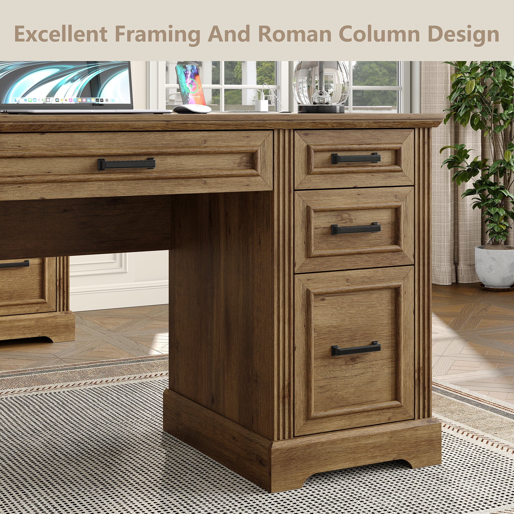 Furnihold 58"W Executive Desk with Outlet and 5 Drawers, Farmhouse Computer Desk, Wooden Home Office Desk, Workspace for Work Study Writing, Brown