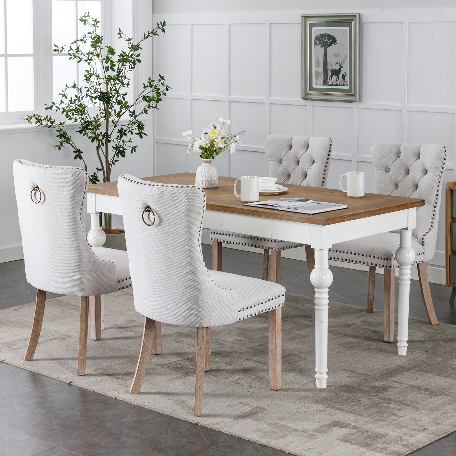 ODUSE-DAILY Beige Linen Dining Chairs Set of 2, Kitchen & Dining Room Chairs, Nailheads Tufted Chair, Sillas De Comedor, Fabric Upholstered, Wood Legs (Beige, 2 Pcs)