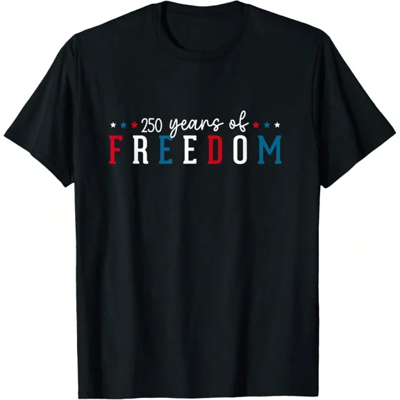 Patriotic 250 Years of Freedom Graphic T-Shirt, Unisex Adult Short Sleeve Tee, Red White and Blue USA Anniversary Shirt