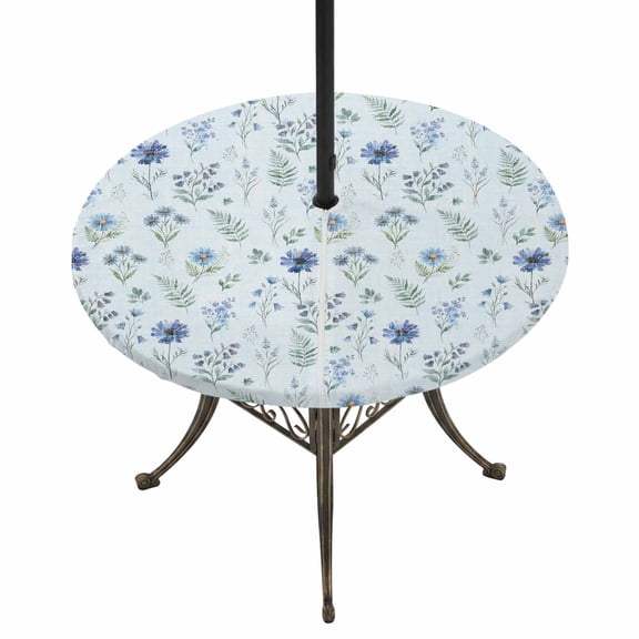 Round Outdoor Tablecloth with Umbrella Hole and Zipper, Blue Floral Spring Tablecloth with Elastic Waterproof, Blue Farmhouse Green Botanical Chic Patio Table Covers for 31" - 35" Picnic Pool Tables