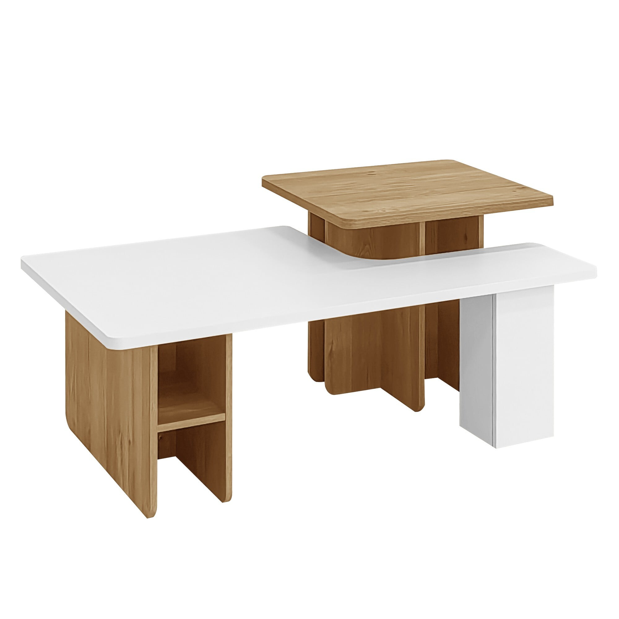 AENKYO Modern Nesting Coffee Table Set, 2-Piece Wood Grain End Tables with Open Shelves for Living Room, White