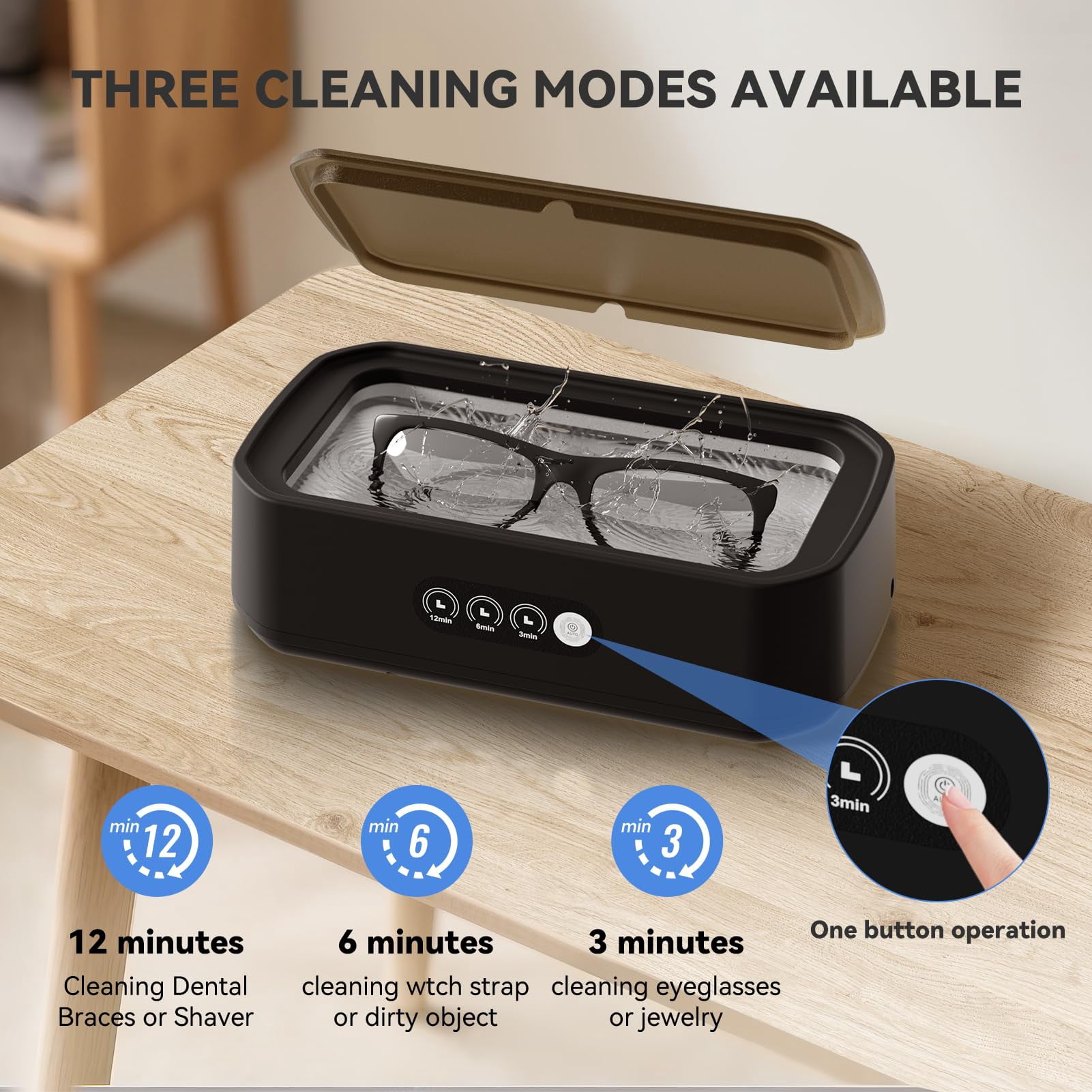 Ultrasonic Jewelry Cleaner, 50KHz Cleaner Machine with 3 Timer Modes, 22oz 304 Stainless Steel Tank, Sonic Machine for All Jewelry Glasses Rings Coin Retainers Watch Strap Dentures, Black