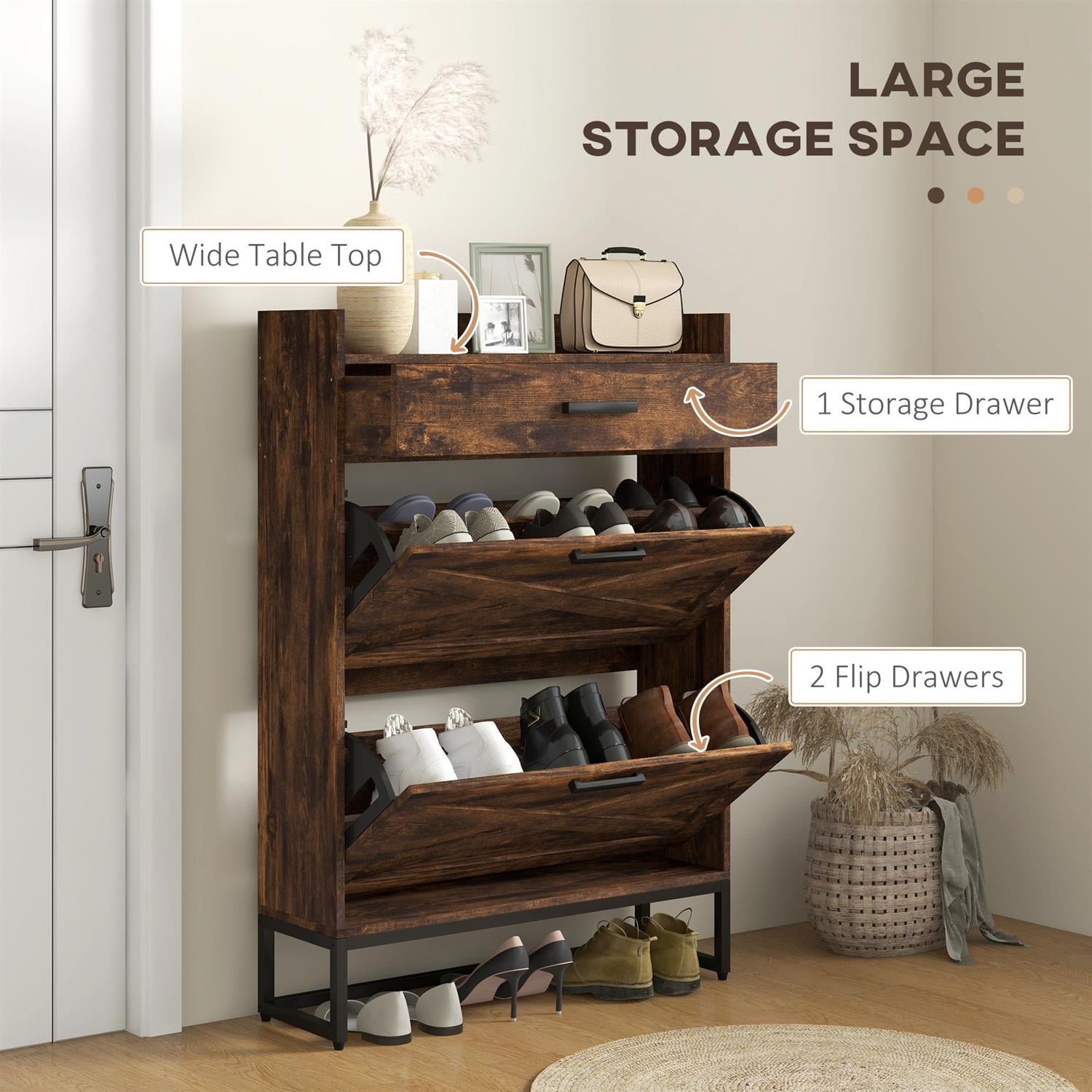 Demi Bonn 45" Shoe Storage Cabinet with Flip Drawers and Adjustable Shelves for Entryways & Hallways, Brown