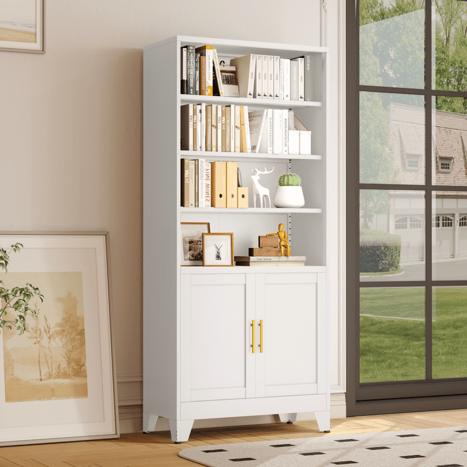 71"H Tall Metal Bookcase/Bookshelf with Doors And 4 Adjustable Shelves for Storage