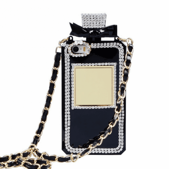 Couverture de Bouteille de Parfum avec Collier Chaîne de Poignet Luxe Bling 3D Paillettes Cristal Diamants Strass Coque pour iPhone 13 Pro max Cas