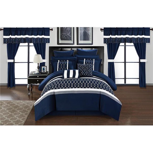 Chic Home CS0939-US 24 Piece Shilo Embroidered Design Comforter Bedding Set, Navy