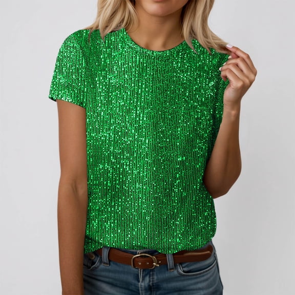 Women's Fashion Sequined Round Neck T-Shirt Elegant Casual Short Sleeve Top Comfortable Shiny Blouse for Daily Wear