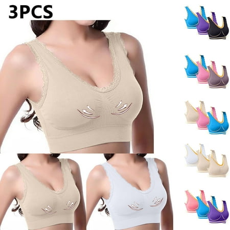 3 Pack Women Bras Plus Size Push Up Solid Color Lace Liftup 2025 Push Up Comfort Wireless Bralette Yoga Bra Breathable Sports Bras Comfortable Underwear Soft Full Coverage Everyday Bra L