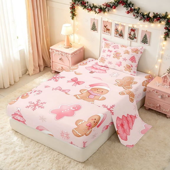 Erosebridal Christmas Tree Twin Sheets, Winter Xmas Gingerbread Bedding, Pink, Pink Reversible, 3pcs, 1 Flat Sheet, 1 Fitted Sheet and 1 Pillowcase