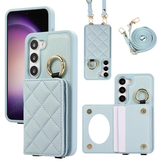 Crossbody Wallet Case for Samsung Galaxy S22 with Make-up Mirror, PU Leather Lanyard Purse Magnetic Clasp Card Holder, Flip Kickstand Shockproof Phone Cover for Samsung Galaxy S22, Blue