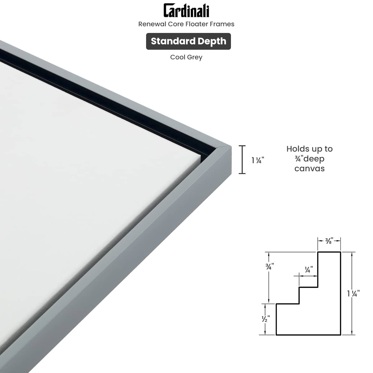Cardinali Renewal Core Floater Frame, Cool Gray, 18x24", For 3/4 Deep Canvas, 4 Pack - Open Back Floating Canvas Frames, No Glass or Backing, Hardware Included Floating Canvas Illusion Frame