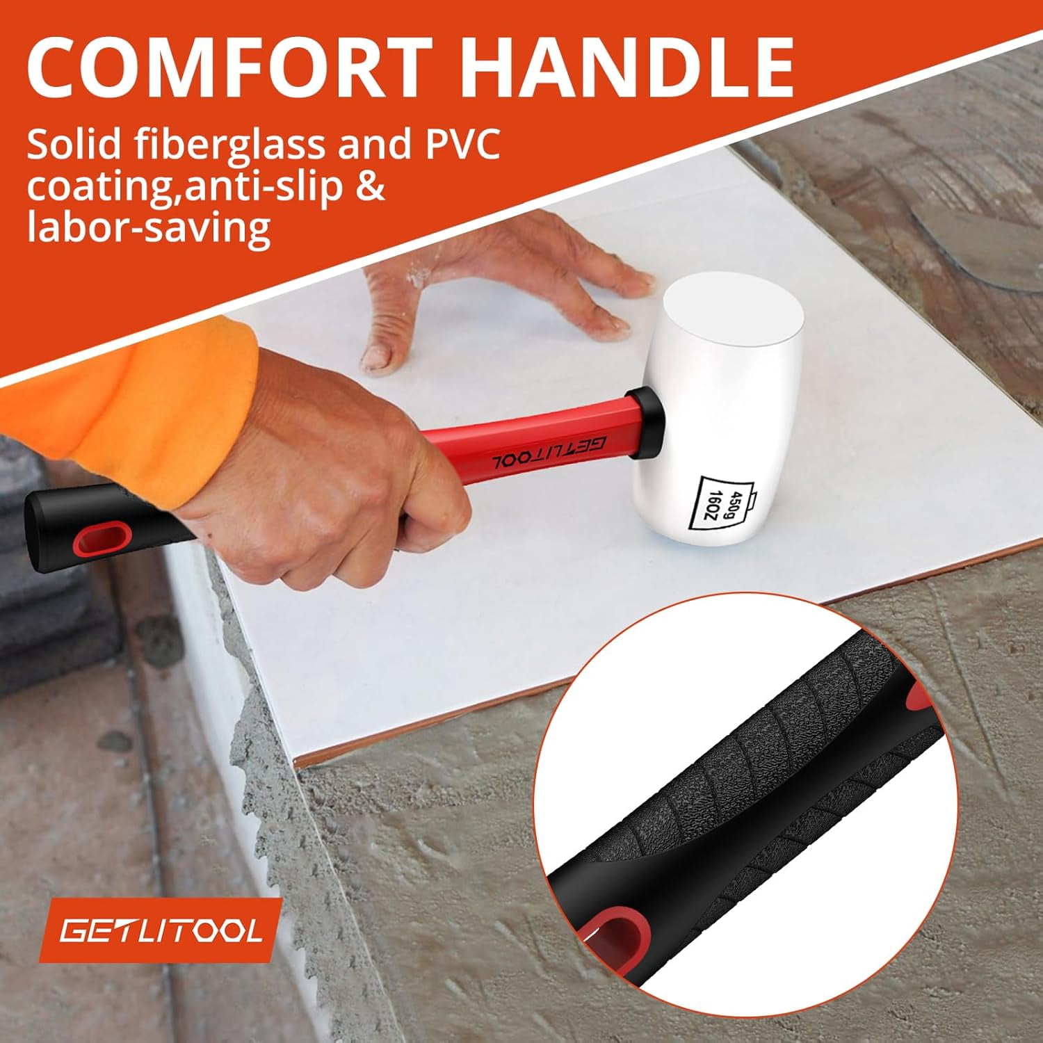 GETLITOOL Rubber Mallet Black/White 16oz, Non-Marking Rubber Mallet Hammer ⌀=55mm with Two Sides, Rubber Hammer with Non-Slip Fiberglass Handle for Camping, Flooring/Tiles Install, Woodworking