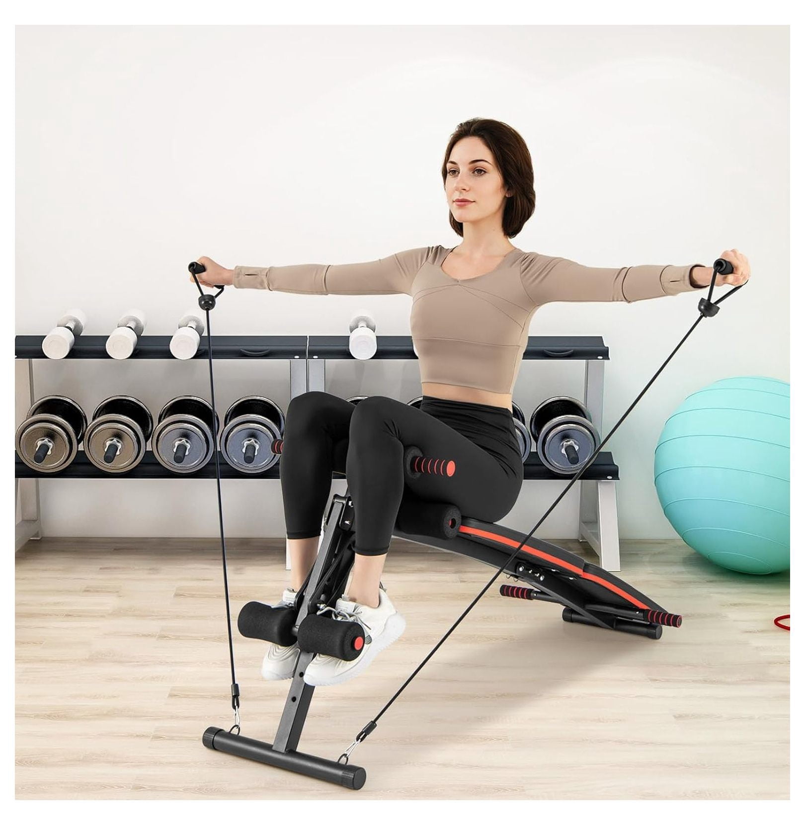 Sit Up Bench, 330lbs Folding Decline Workout Bench with Spring Handle, Elastic Ropes & 4 Level Adjustable Height, Incline Weight Bench for Situp, Ab , Strength Training Exercise for Home Gym