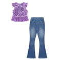 thumbnail image 5 of inlzdz Girls Flare Outfits Sparkle Ruffle Sleeve Dance Crop Top with Flared Jeans Denim Pants Set Lavender 16, 5 of 6