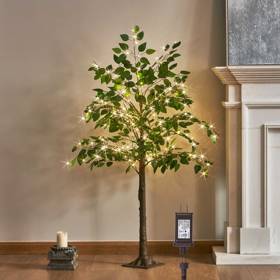 AuntyFey Artificial Ficus Silk Tree Lights 4FT 140LED Fairy Lights, Artificial Plant Tree with Lights for Home Room Decoration Inside