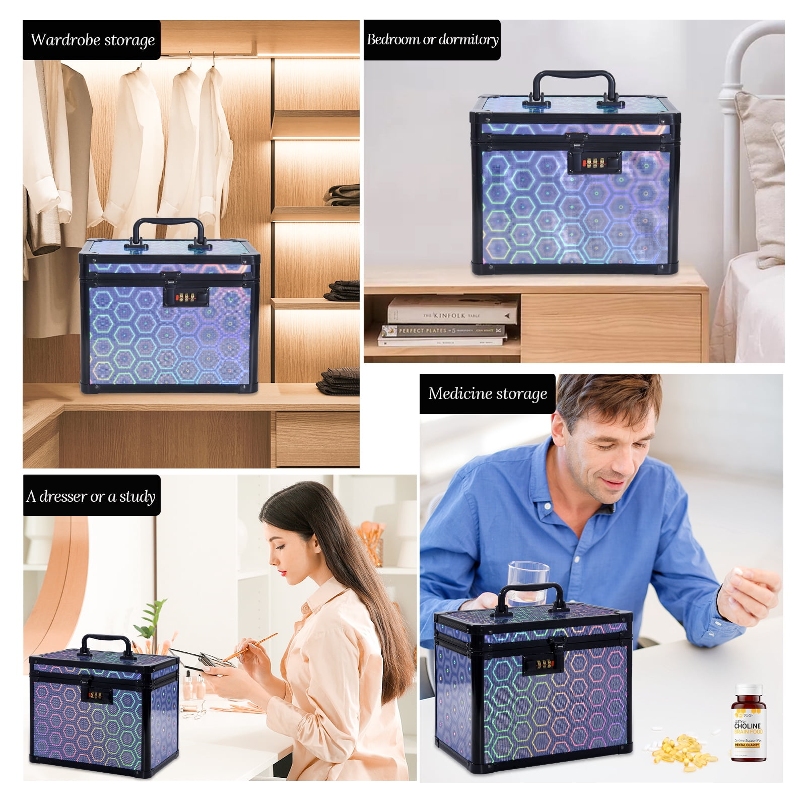 Security Lock Box with Combination Lock, Lockable Storage for Medicine, Jewelry, Cash & Cosmetics-Colorful Blue
