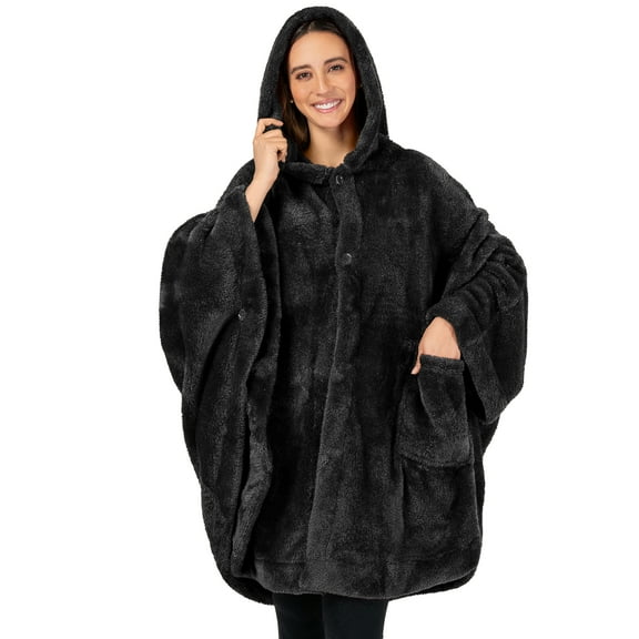 Pavilia Angel Wrap Hooded Blanket Poncho Sherpa Fleece, Black