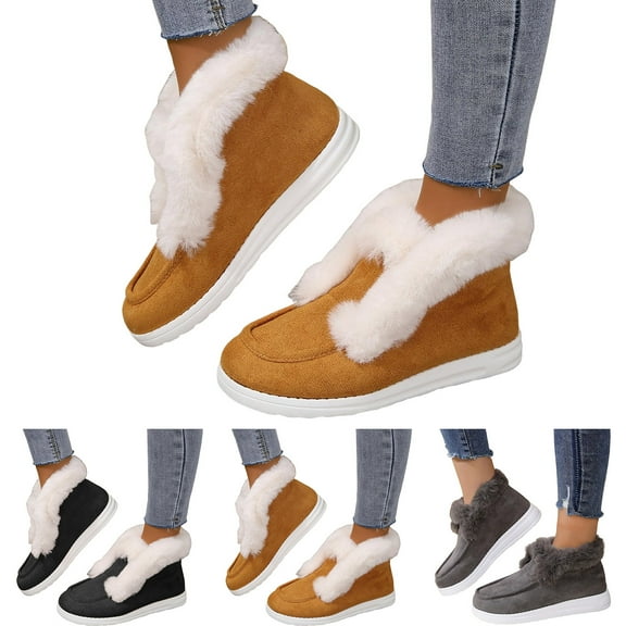 Dakaela Womens Winter Snow Boots Fleece Warm Moccasins Slip on Casual Loafers Outdoor Plush Short Booties Black 6.5