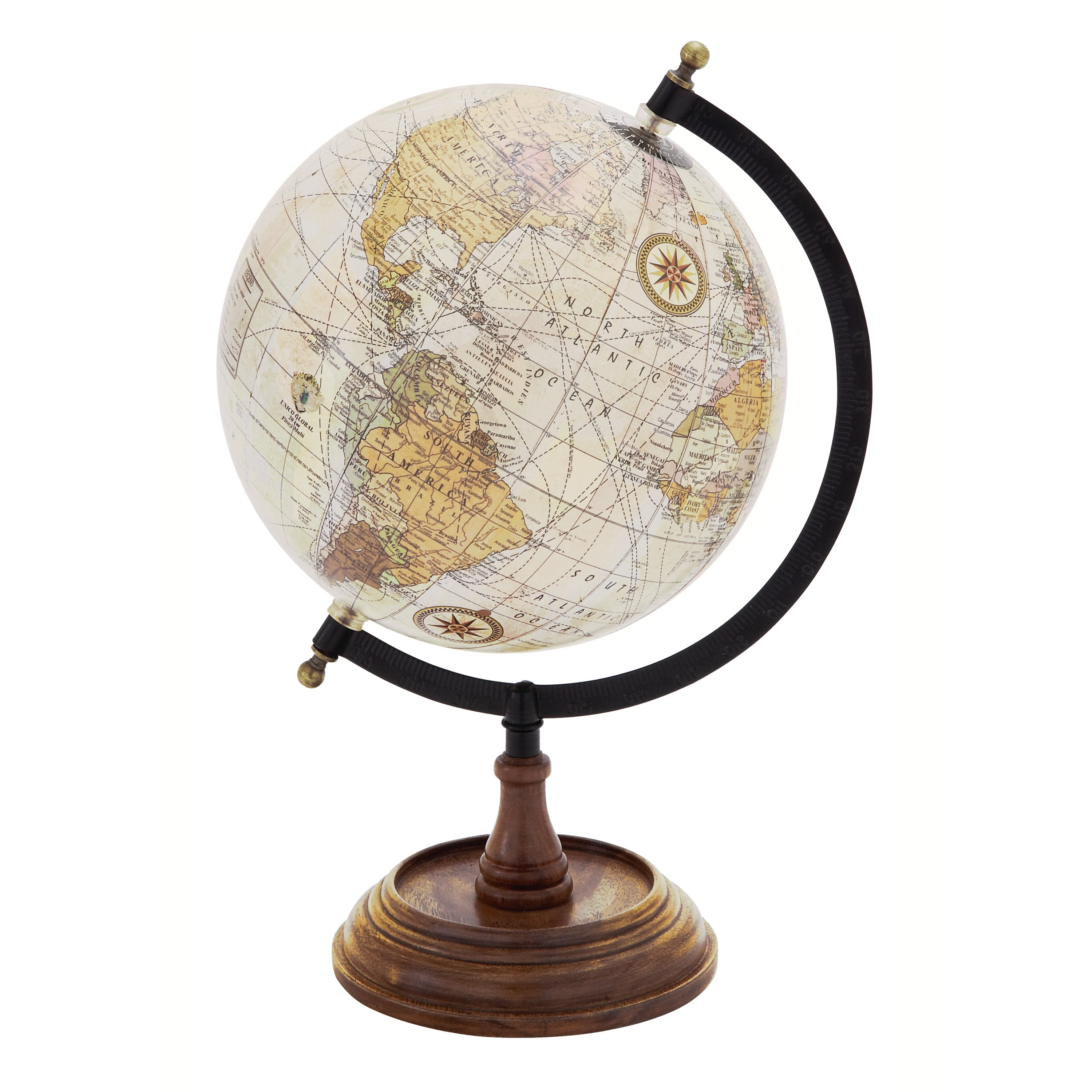 Antiqued decorative globe with wooden stand