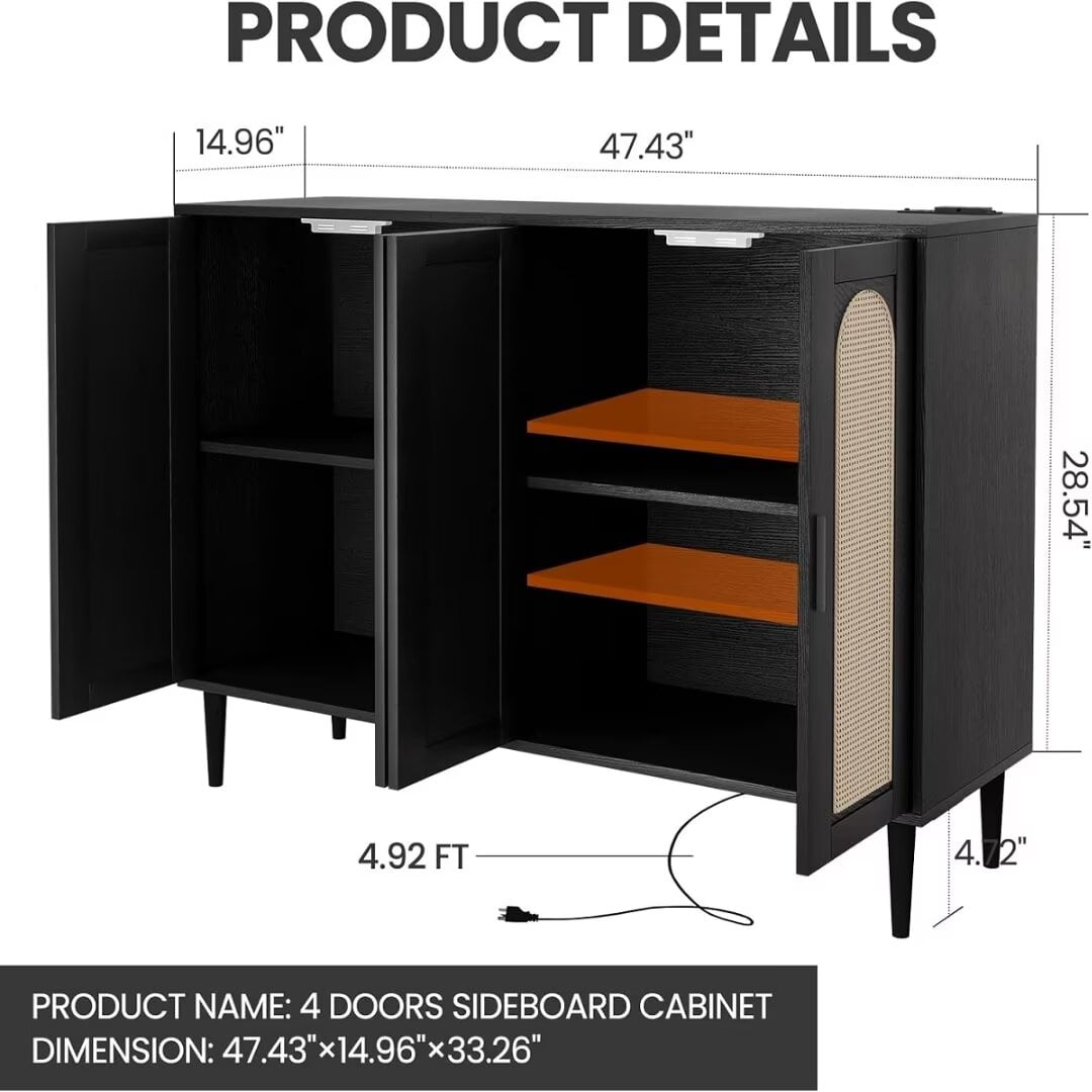 Sideboard Buffet Rattan Cabinet, Accent Storage Cabinet, Boho Large Kitchen Storage Cabinet with Power Outlet, Adjustable Shelves for Living Room, Hallway, Entryway