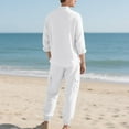 thumbnail image 4 of VBTAPA Men’s Cotton Linen 2 Piece Set Summer Casual Outfits Long Sleeve Henley Shirt and Drawstring Cargo Pant Sets Beach Lounge Sets White S, 4 of 9