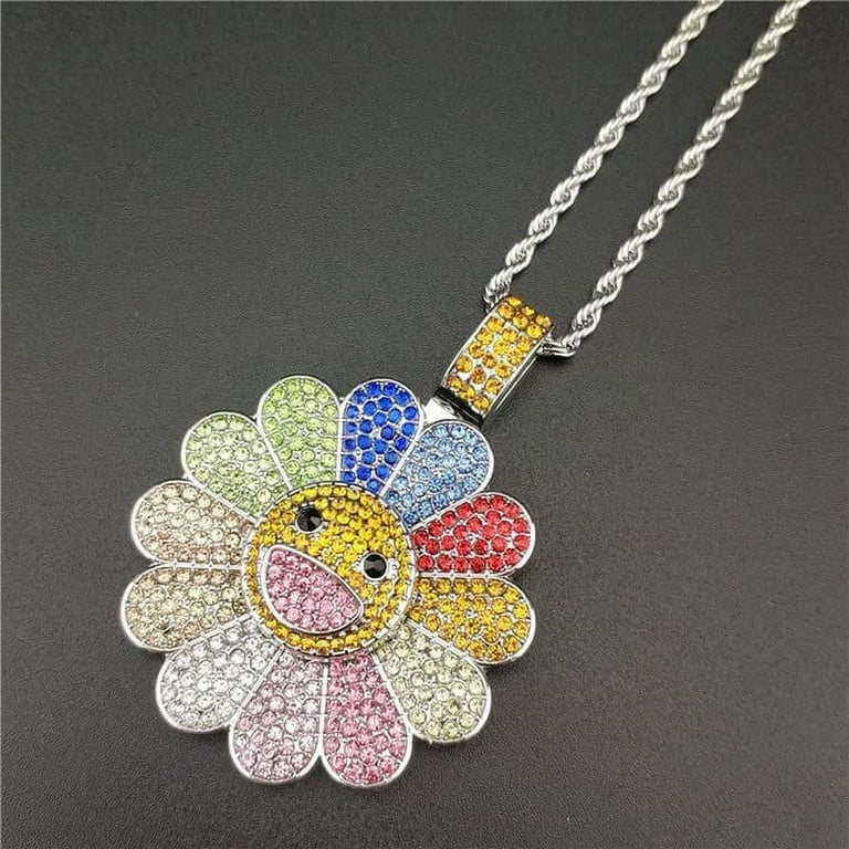 Sun Flower Smiley Takashi Murakami Necklace, Spinning Iced Out - Main Image