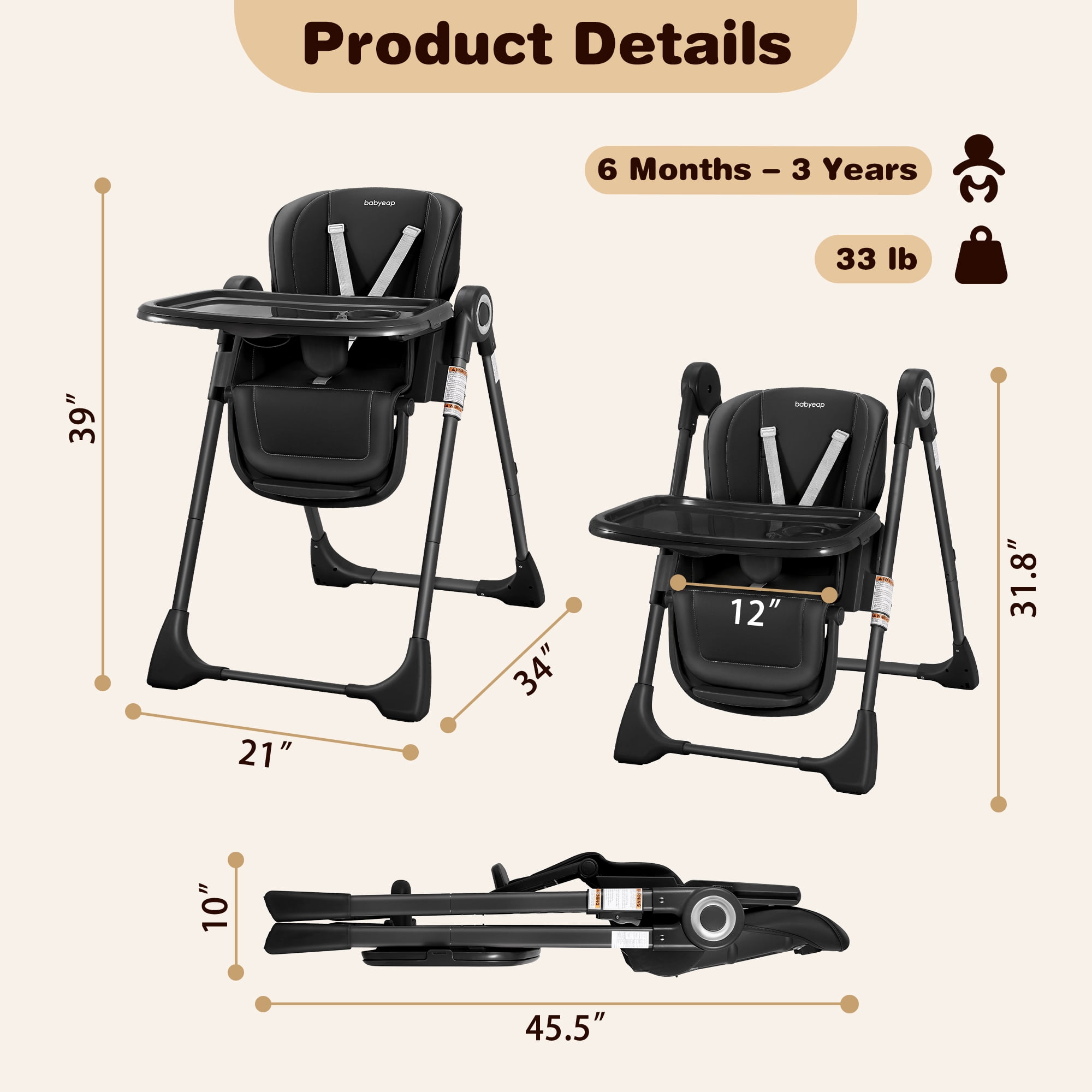 Babyeap Baby High Chair, Convertible Adjustable Feeding Chair with Removable Double Tray, Adjustable & Foldable Design Converts to Toddler Chair, for Babies & Toddlers,Black
