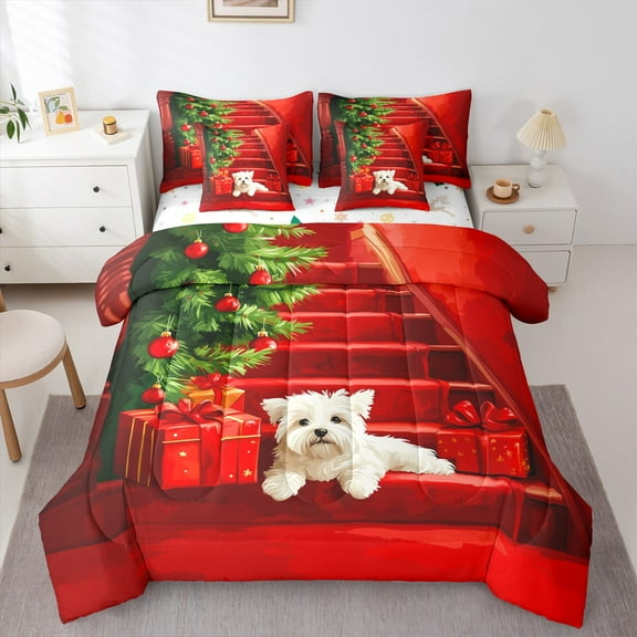 Castle Fairy Teenagers Animal Dog 7-Piece Twin Bedding Sets,Christmas Tree Bedding Comforter Set,Green Red Breathable Sheet Sets,Breathable Home Decor