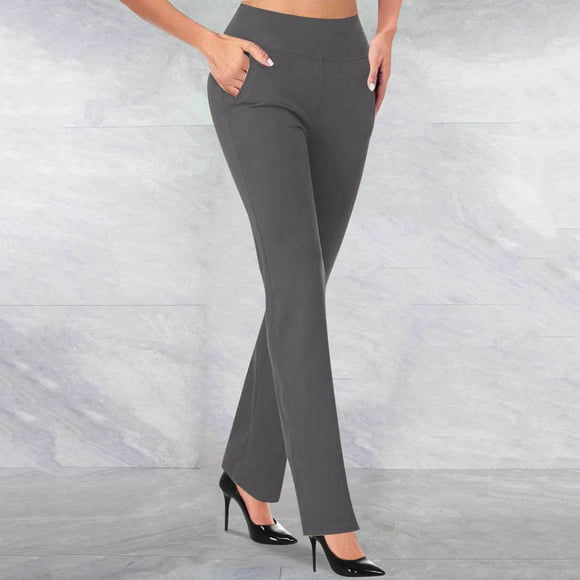 CFLVAEK Flare Dress Pants Women Tummy Control Elastic High Waisted Work Slacks Soft Bootcut Plain Color Office Trousers Casual Tall Length Lounge Business Pants XXL Gray
