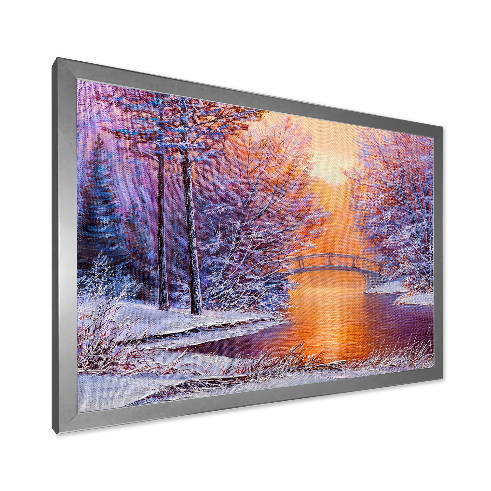 Designart 'Winter Landscape With Bridge Over The River' Traditional Framed Art Print