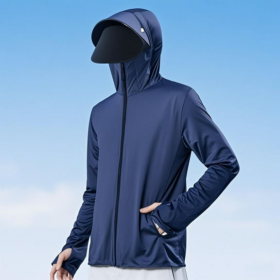 Xdegoge Men's Full Zip Sun Protection Hoodie Long Sleeve Cooling Jacket UPF 50  Face Cover Thumbholes Fishing Running Outdoor Shirts