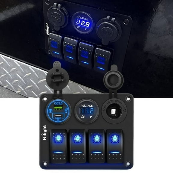 Nilight 4 Gang Rocker Switch Panel Waterproof Pre-Wired Aluminum Panel with PD Type C and USB Cigarette Lighter Socket Voltmeter 12V 24V on off Switch Panel for Car Trucks Boats RVs
