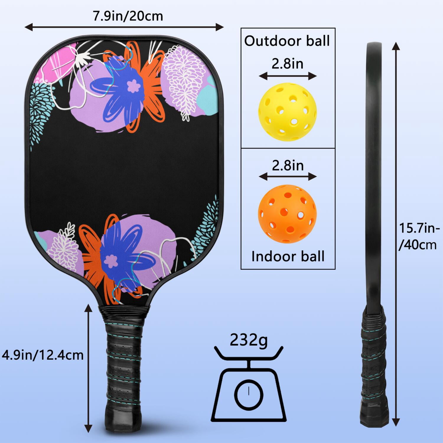 Pickleball Paddles Set Of 1, Fiberglass Surface, Vintage Floral Print, 1 Paddle, 2 Balls & Bag