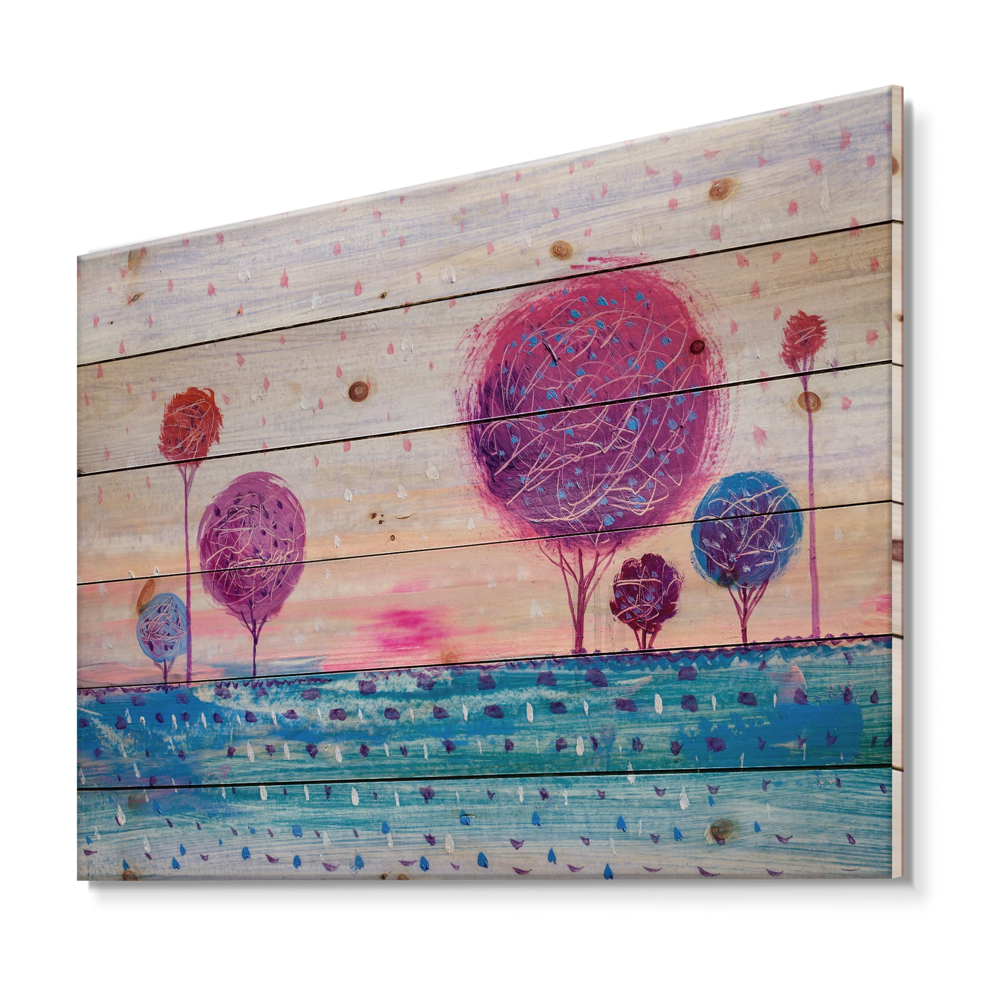 Designart 'Purple Coloured Tree Impression Landscape II' Modern Print on Natural Pine Wood