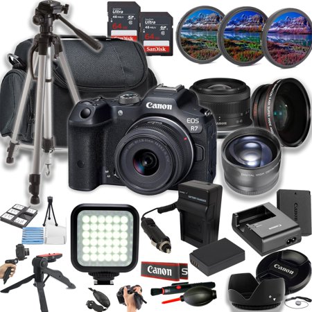 Canon EOS R7 Mirrorless Camera w/18-45mm STM Lens + LED Light + 128GB Memory + Lenses + Filters + Case + Tripod + Grips + Added Power and More (28pc Bundle)