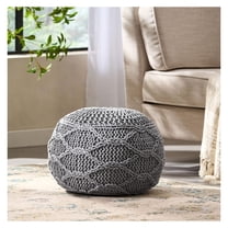 Cotton Pouf, 20 Inch Round Knit Ottoman - Modern Floor Cushion for Living Room, Bedroom, Home Decor, Soft & Breathable Seating Grey   Wool