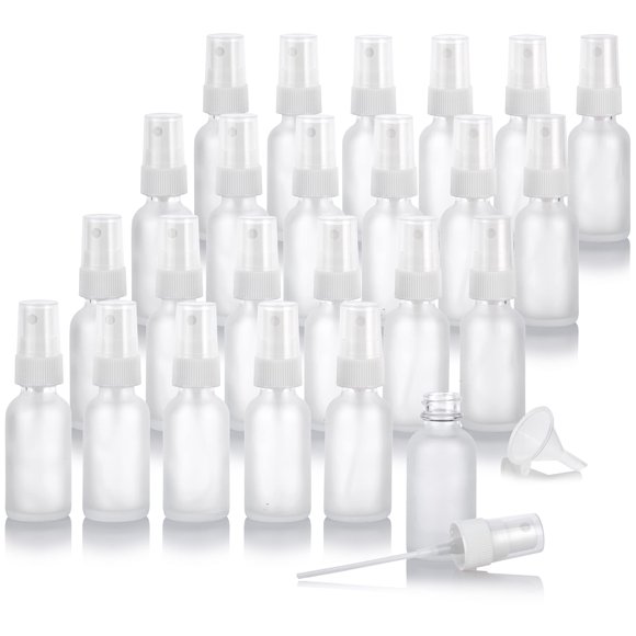 JUVITUS 1 oz Clear Frosted Glass Boston Round Bottle with White Fine Mist Spray (24 pack) + Funnel