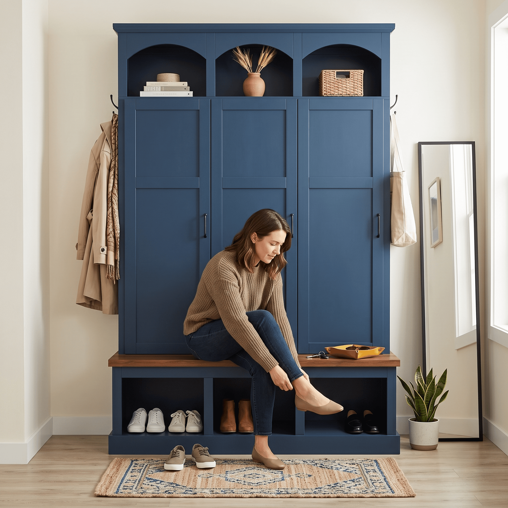 Homy Casa 49.2" Mudroom Hall Tree with Built-in Bench, Coat Rack, Doors & Shoe Storage, Blue