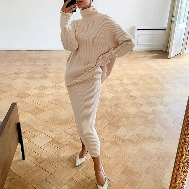FcBaudy Tailleur Jupe, Robes pour Femmes, Robes d'Été pour Femmes Femmes Décontracté Uni Tricot Enveloppant les Hanches Manches Longues Col Roulé Chandails Tailleur Jupe Ensemble Femmes