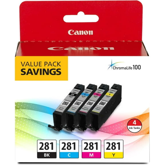 G3C13592L Canon CLI-281 Black, Cyan, Magenta and Yellow 4 Ink Pack, Compatible to TR8520, TR8620 Series, TS9120, and TS6210 Printers
