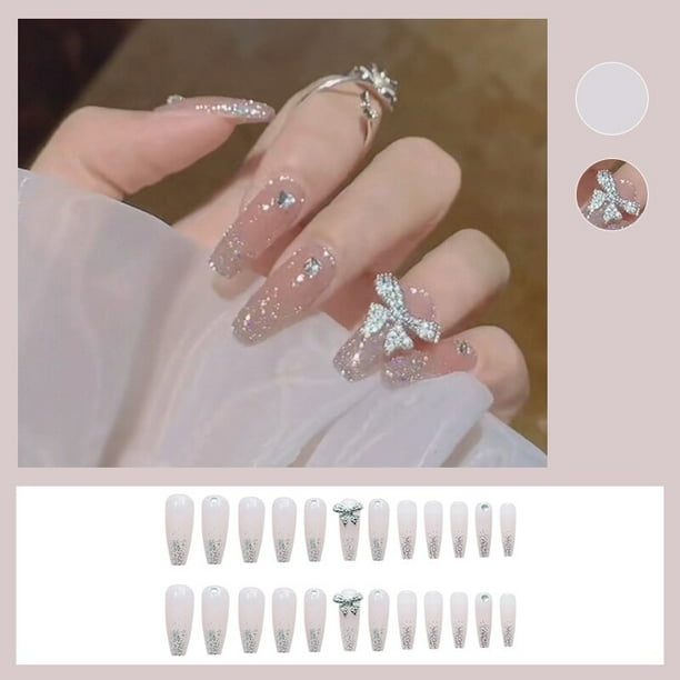 24 Uds. De uñas postizas de diamante dorado brillante, diseño de mariposa francesa, puntas de uñas acrílicas de cubierta completa usable para niñas Tan Jianjun unisex