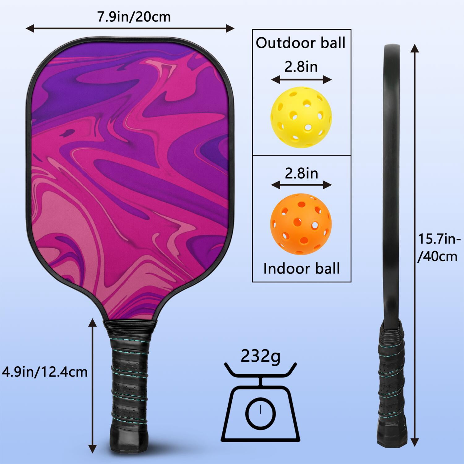 Pickleball Paddles Set Of 1, Fiberglass Surface, Liquid & Marble Print, 1 Paddles, 2 Balls & Bag