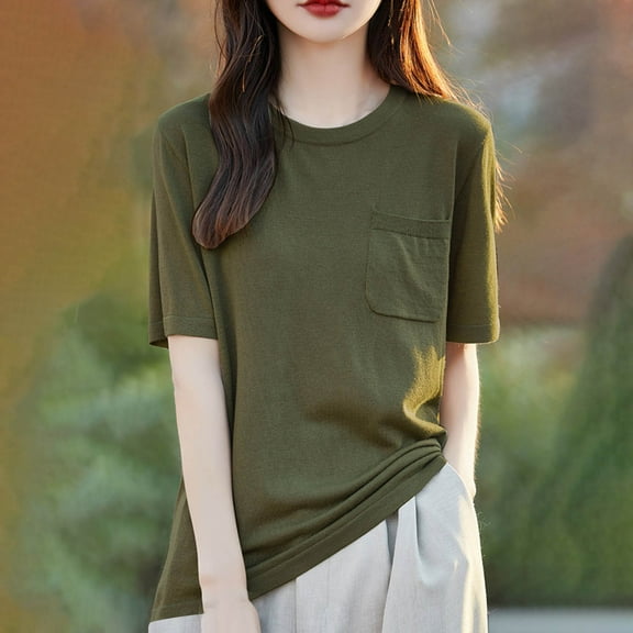 Fglymey Women's Short Sleeve T-Shirts Casual Crewneck Tees with Pocket Summer Basic Tops Army Green L