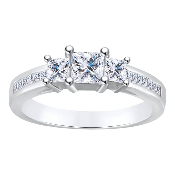 AFFY 1.50 Carat (Ctw) Princess Shape White Natural Diamond Three Stone Engagement Ring In 14k Solid White Gold Ring Size-7