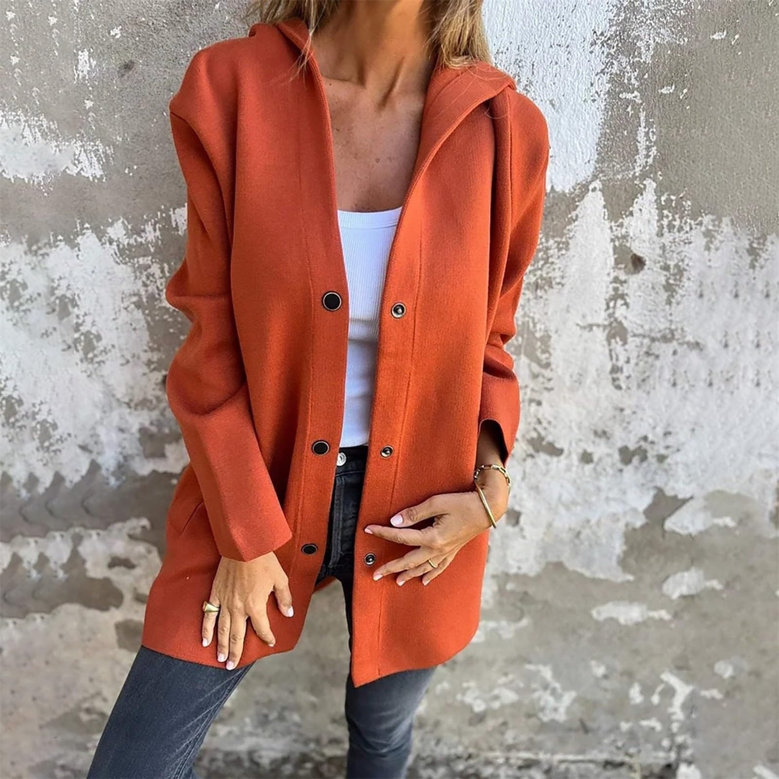Womens Wool Peacoats with Hooded and Pockets Plus Size S-5X Snap-Button Up Coats Ladies Casual Solid Long Sleeve Comfort Outerwear