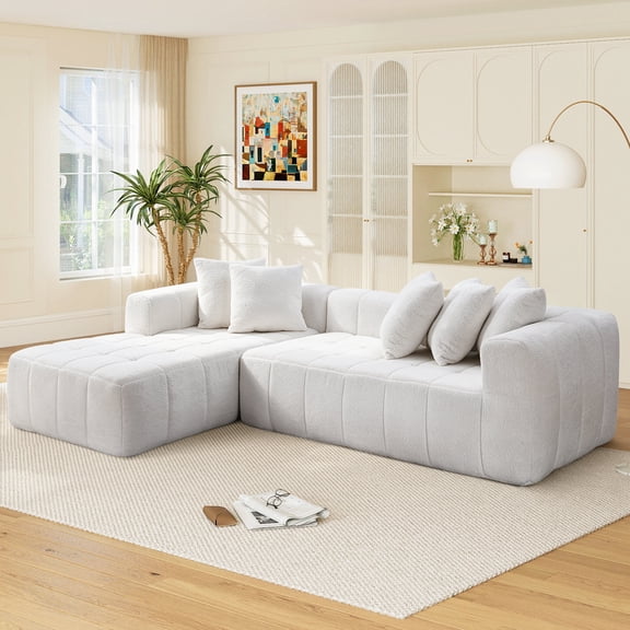 No Assembly Required, Muumblus 108" Oversized Modular Sectional Sofa, L-Shaped Boneless Cloud Couch, Modern Chenille Living Room Floor Sofa, White (Left Facing Chaise)