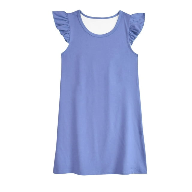 wmjolc Robes Unies pour Filles pour l'Été 2024 Manches Volantes Robes Décontractées Col Rond Robes d'Été à Volants Midi Robe de Plage 3-12 Ans