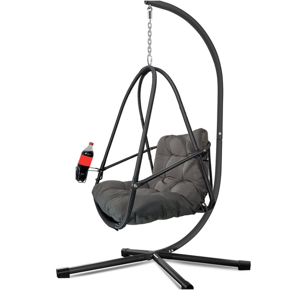 JERFIT Patio Hanging Egg Chair with Stand, Beige Rattan Swing Chair for Indoor Outdoor Use, 350lbs Capacity Foldable Boho Wicker Lounge Chair with Cushion, Cup Holder & Safety Rail